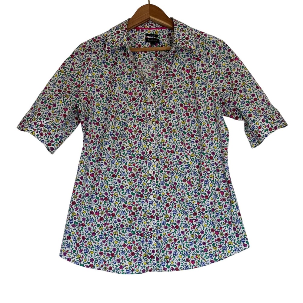 Talbots Non-Iron Floral Button Down Shirt Womens 10 Short Sleeve Multi-Color